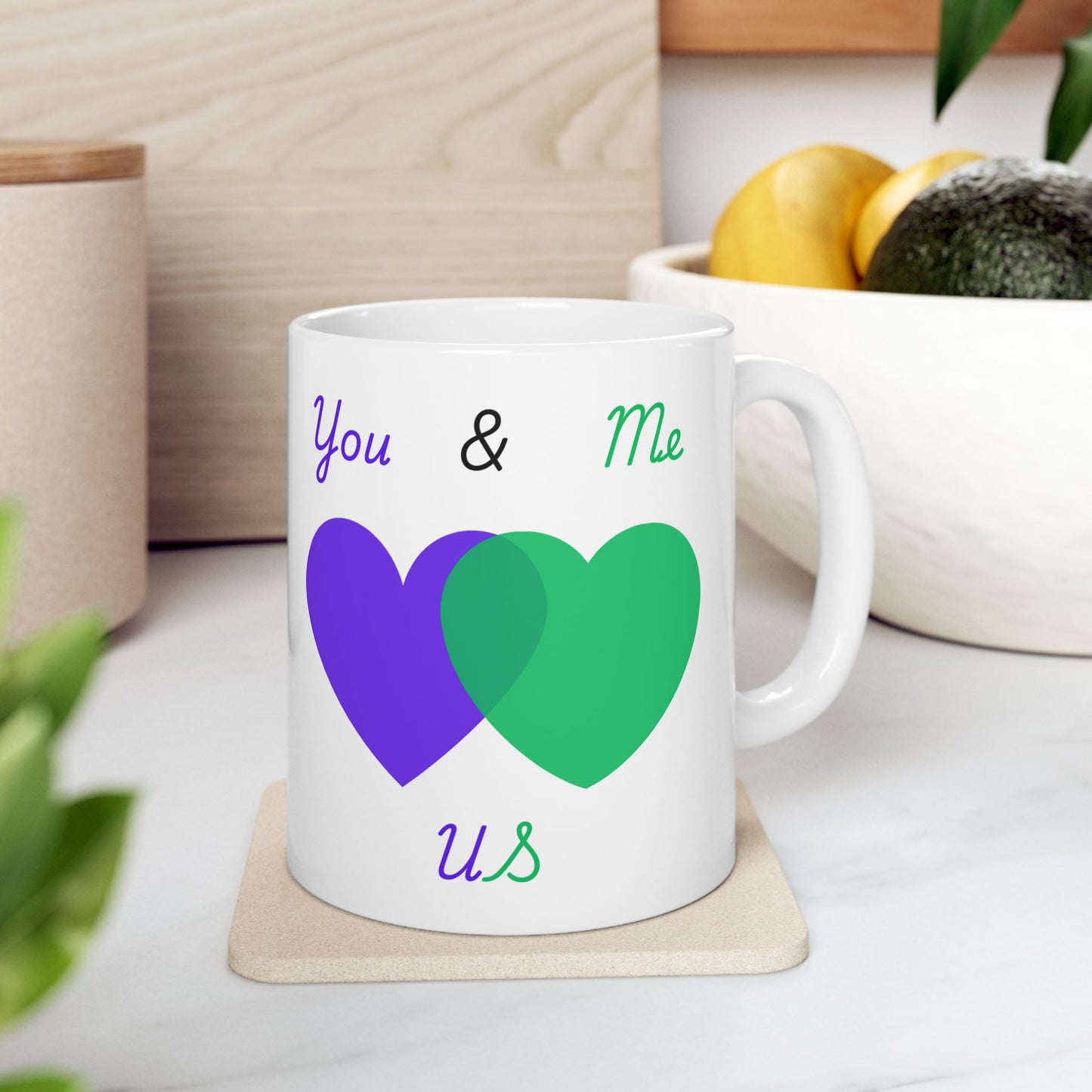 Purple and Green You & Me = US Heart Ceramic Mug - Perfect for Gifts and Celebrations