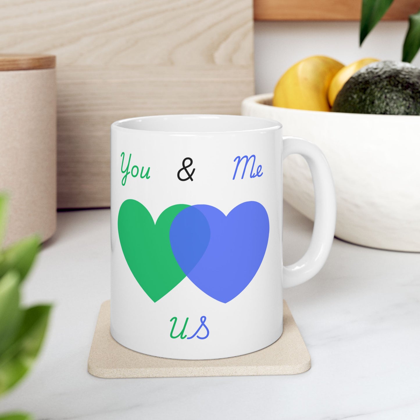 Green and Blue You & Me = US Heart Ceramic Mug - Perfect for Gifts and Celebrations